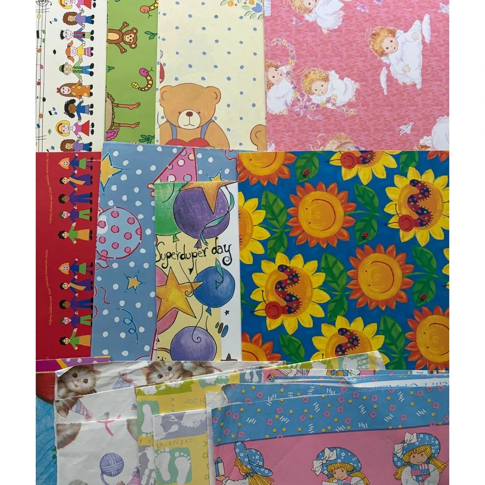 Lot Vintage Gift Kids Wrapping Paper Sheets 70s-90s Holly Hobbie Kittens Angels
